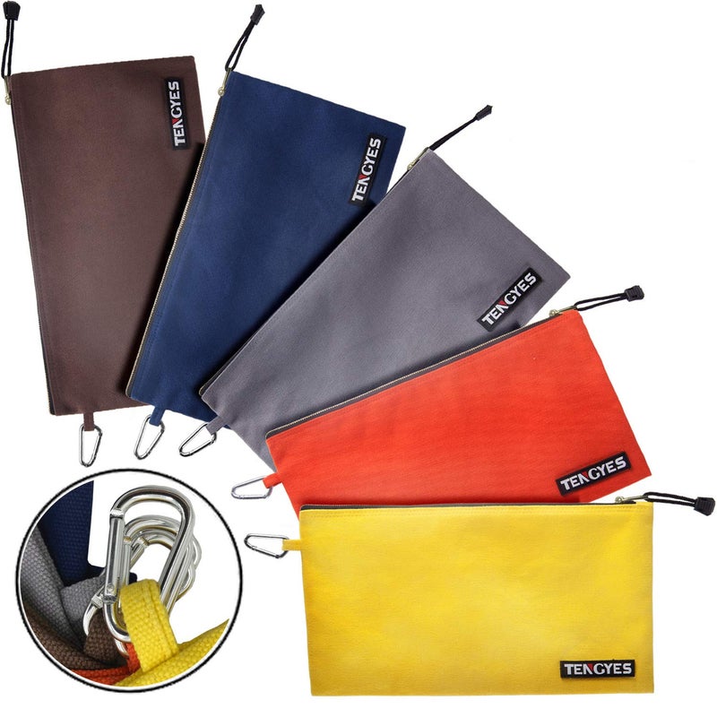 TENGYES Canvas Tool Pouch Zipper Bag - 5 Pack Utility Bags Heavy Duty Metal Zippers Pouches with Carabiner, Multi Storage Organizer Clip on Tote Bags - Image 1
